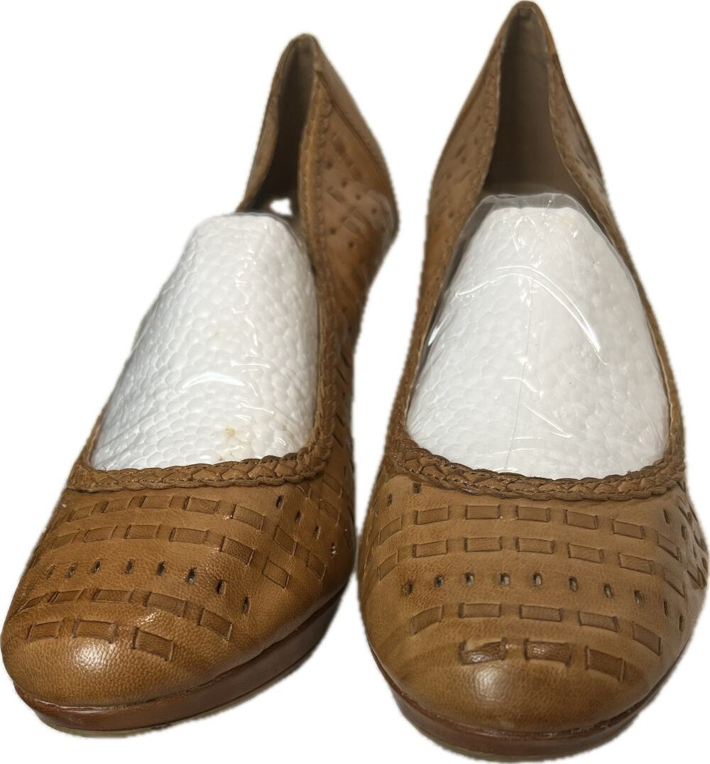 ANDREW GELLER Tan Woven Leather Platform Pumps 10 Neutral Western Tan